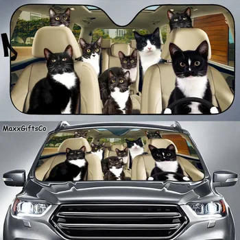 Tuxedo Cat Car Sun Shade, Tuxedo Cat Предно стъкло, Tuxedo Cat Family Sunshade, Аксесоари за котешки автомобили, Декорация на кола, Подарък за татко,