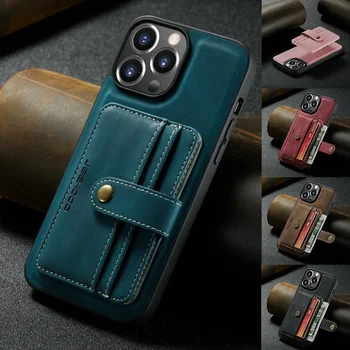 Луксозен магнитен разглобяем кожен калъф за iPhone 14 13 12 Mini 11 Pro XS Max 8 7 Plus XR X портфейл карти Solt чанта стойка капак