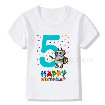 Момче 1-9 Рожден ден номер печат тениска деца сладък робот рожден ден момче тениски момче &момиче смешно подарък тениска подарък облекло