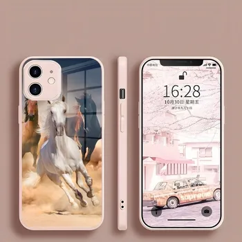 Animal The Horse силиконов калъф за телефон за Iphone 15 14 13 Pro Max 12 11 Xr X Xs Mini 6 7 8 Plus Se 2022 2020 Стъклен капак розов