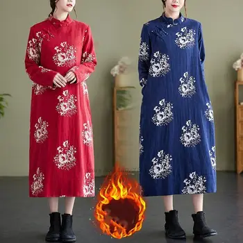 2024 китайска традиционна рокля подобрена qipao национален цветен печат cheongsam рокля китайски руно облицована памучно бельо qipao