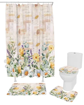 цветя маргаритки лавандула душ завеса комплект неплъзгащи килими баня мат тоалетна капак капак водоустойчив полиестер баня завеса