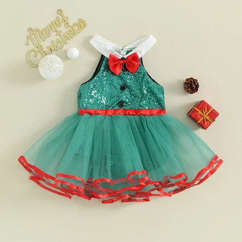 Rteyno бебе момичета Коледна рокля за малки деца с пайети принцеса рокля без ръкави тюл парти рокля новородено мини рокля