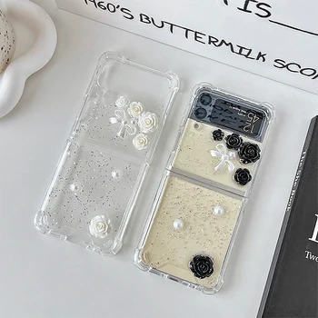 Clear телефон случай за Samsung Galaxy Z Flip5 Z Flip4 Z Flip3 удароустойчив капак 3D кристал роза лък блясък перла черно и бяло