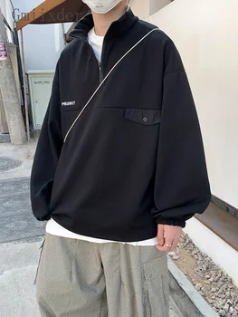 Япония реколта суитчър мъже жените хип-хоп улица извънгабаритни плюшени завой надолу яка Топ случайни писмо половин цип тениска