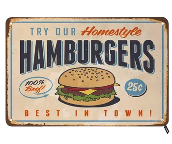 Хамбургери калай знаци, опитайте нашите домашни хамбургери най-добрите в града реколта метал калай знак за мъже жени, стена декор за барове,