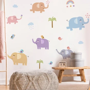карикатура колоритен слон дъга дърво акварел стена стикери детска стая стена ваденки декоративен стикер за стена интериор