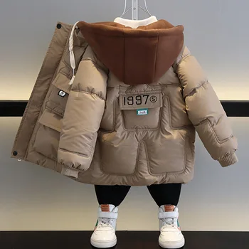 Зимни нови детски памучни дрехи за момчета и момичета Топло памучно палто с качулка с плюшено и удебелено палто Бебешко палто
