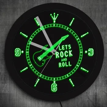1Piece LETS ROCK N ROLL Неонов стенен часовник Музикален инструмент Китара Декоративен стенен часовник с променяща цвета LED светлина Модерен декор