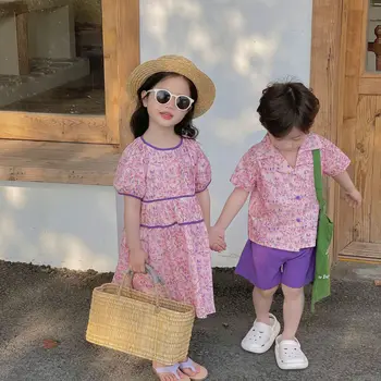 Брат и сестра съвпадение ваканция облекло близнаци момче и момиче дрехи бебе момчета ризи шорти две части комплект деца флорални рокля