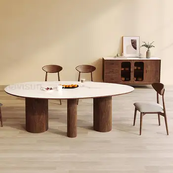 Модерна акцентна маса овална форма с крака от масивно дърво, дървени кухненски мебели за малки и големи пространства Японска дизайнерска маса за хранене