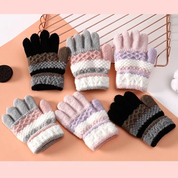 KLV 1 чифт зимни топли бебешки ръкавици плетена вълнена прежда пълен пръст деца ръкавица ветроупорна ивица открит пътуване момичета момчета ръкавици