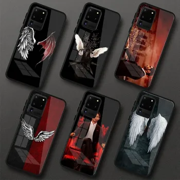 Lucifer Angel Wings Калъф за телефон за Samung Galaxy S23 S22 S21 Pro Ultra M14 A14 A34 A54 A13 A33 A53 Черен PC стъклен капак за телефон