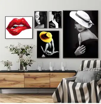 Модерни плакати Момиче козметика червени устни стена картина за хол дома декор секси жена платно изкуство живопис