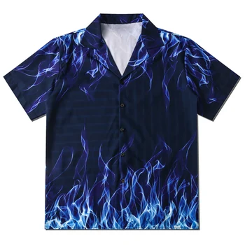 LACIBLE Хавайски ризи Blue Fire Flame Print Beach Holiday къс ръкав риза върховете Streetwear мъже хип-хоп летни ежедневни ризи