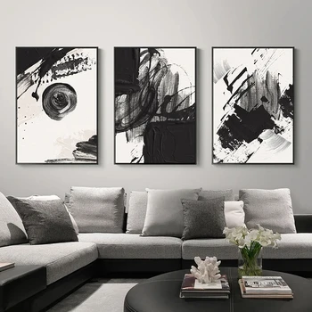 Абстрактни щрихи на четката Черно-бяло мастило Печат на канава Картини Плакати Картини за стена за хол Декорация на дома