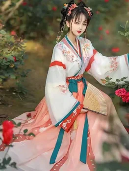 ханфу китайски стил жени реколта костюми цветен печат градиент фея рокли традиционни древни принцеса ежедневни тоалети