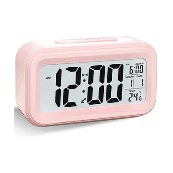  цифров будилник, LED светва будилник, работещ с батерии безшумен алармен часовник за пътуване, розов