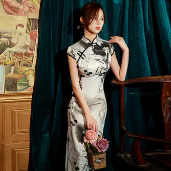 Yourqipao Лято 2023 Lotus Long Подобрена Cheongsam снимка Catwalk ретро елегантен Qipao китайски стил вечерна рокля за жени