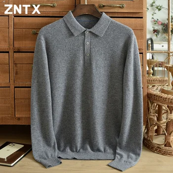 Нова есен и зима мъжки чист кашмирен пуловер плътен цвят риза яка бутон бизнес случайни на средна възраст татко голям размер