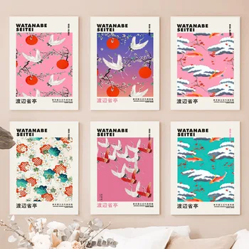 Watanabe Seitei Sakura Waves Crane Lotus Wall Art Canvas Painting Nordic плакати и отпечатъци Стенни картини за хол декор