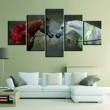 модулни 5 броя коне животински плакат платно изкуство отпечатъци бял кон и кафяв кон стена живопис Начало декор хол