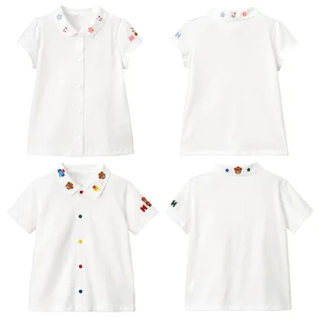 2023 Летни японски момичета ризи карикатура мечка заек бродерия момчета къс ръкав риза наслагване Топ бяла блуза за момичета