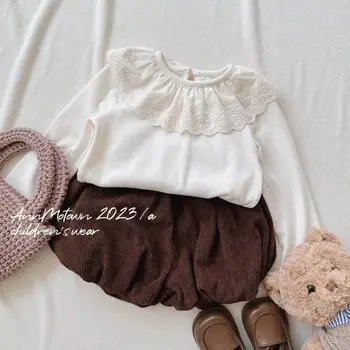 Мода Есен Бебе Момичета Ризи Бяла дантелена граница Изненадваща яка Пуловер Долни ризи Детски върхове Тениски