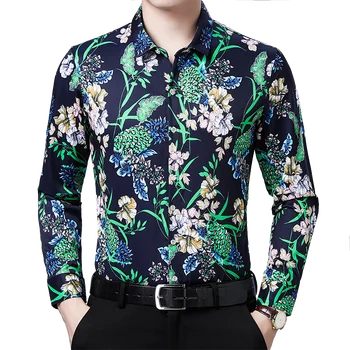 Man Хавайски цветя печат облекло дълъг ръкав случайни мъжки флорални ризи завой надолу яка улично облекло безплатна доставка