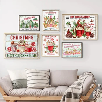 Селска къща Коледа знак изкуство отпечатъци горещ шоколад, бонбони експрес, меденки пекарна платно живопис кухня реколта декор