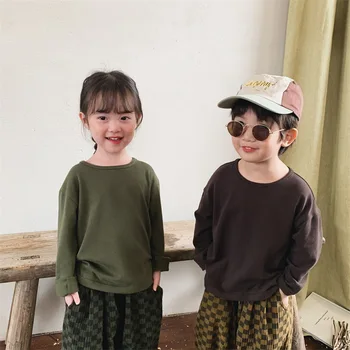 2023 Нова пролет Есен Детски тениски Бебешки блузи с дълъг ръкав Момчета Облекло Момичета Памучни тениски Корейски детски дрехи Solid Casual