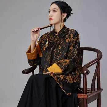 Зимен етнически стил дебел дълъг ръкав Tang костюм блуза Дамско облекло Китайски традиционен елегантен цветен печат Cheongsam Top