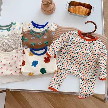 Новородено бебе есенно домашно облекло дрехи комплект момчета момиче сладък мечок цвете отпечатани дълги ръкави върховете + панталони 2pc пижама костюм спално облекло