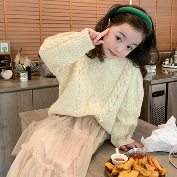Детски пуловери 2023 Есен Корейски пуловер за нови момичета Сладък ръчно бродиран обрат топка момичета бебе пуловер хлабав детски върховете