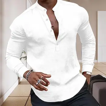 Риза с копчета Slim Fit Мъжка пролетна есенна риза Хенри Neck плътен цвят дълъг ръкав пуловер бутон декор за бизнес Daily