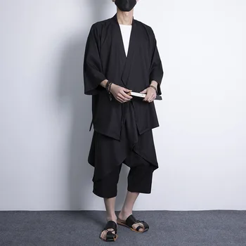 Костюм от две части Извънгабаритни M-5XL Японски модни кимоно и панталони Комплект мъже Жилетка блуза Haori азиатски дрехи самурай