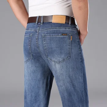 Casual дънки мъже лято тънък удобен Lyocell плат високо качество панталони хлабав прав крак мъжки дънкови панталони
