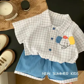 2023 Летни деца момче дрехи комплект памук твърди пачуърк шорти костюм раирани кръпка карикатура слон бебе риза комплект