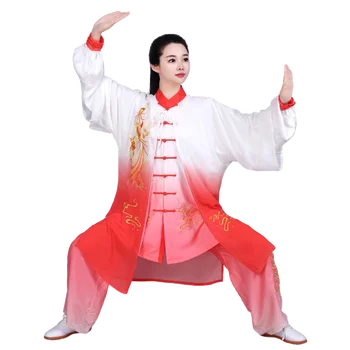китайски традиционен Тай Чи рокля женски дракон феникс бродерия дълго обучение мъжки група бойни изкуства изпълнение костюм