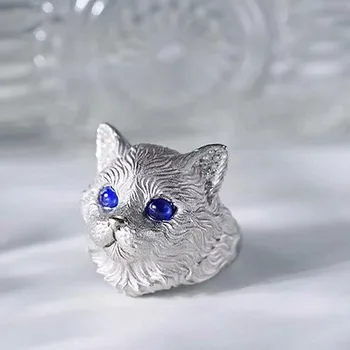 2023 Нова мода изкуство дизайн смисъл синьо кубичен цирконий котка дами регулируем пръстен Хелоуин вечеря парти бижута за жени подаръци