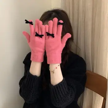 Дамски плетени лъкови ръкавици зимни топли ръкавици с разделен пръст екран кашмир вълна ръкавици женски плетене на една кука ръкавици Коледа
