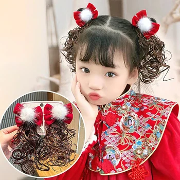 Girls Baby New Year Antique Wig Hairpin Children's Hair Accessories Wig Hecap Red Bow Hair Accessories Spring Festival