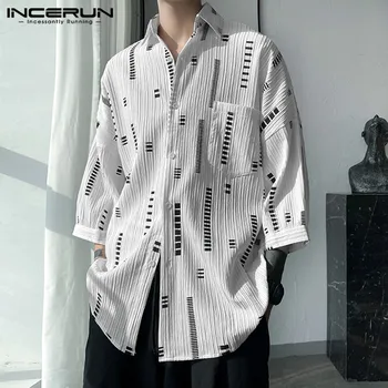 корейски стил мъжки ежедневни текстура печат рамо капка дизайн ризи мода улица квартал ръкав блуза S-5XL INCERUN върховете 2023