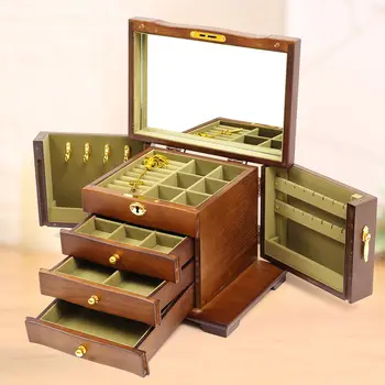Екстра голям 4 слоя дървена кутия за бижута с огледален калъф за бижута шкаф пръстен огърлица подарък кутия за съхранение организатор (кафяв)
