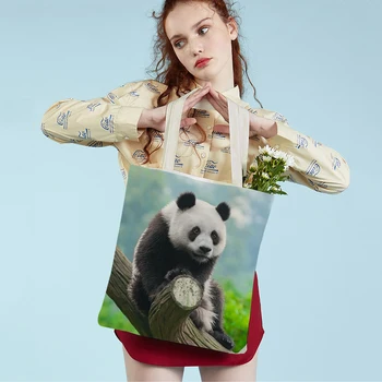 Китайска панда дама пътуване пазаруване рамо чанта прекрасен диво животно двойно печат за многократна употреба платно голяма пазарска чанта за жени момиче