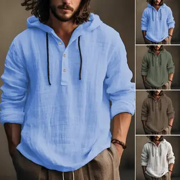Мъжки качулка стилен мъжки качулка риза плътен цвят шнур дизайн случайни бутони за есента зимата мода