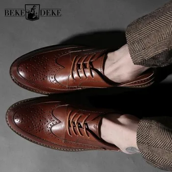 Реколта мъжки крило съвет Brogue обувки дишаща телешка естествена кожа бизнес човек работни обувки британски дантела нагоре ежедневни обувки