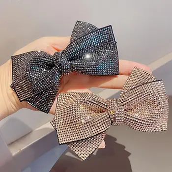 Bow Hairpin Non-Slip Anti-fall Stable-fixed Strong Grip Anti-crack Shiny Rhinestone Spring Clip Hair Barrette Daily Wear Supply