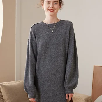 2023 Висок клас Зима Нов 100% кашмир пуловер дълга рокля жени мода плетени рокли женски хлабав голям размер O-образно деколте пуловер