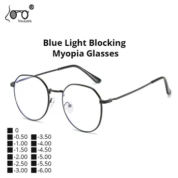 Късогледство жени синя светлина блокиране компютърни очила мъже метални многоъгълник очила рамки за зрение 0-0.50-1.00-1.50 -6.00